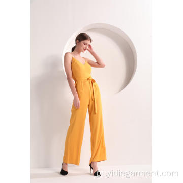 Mulheres cor amarela perna larga Jumpsuit Cami